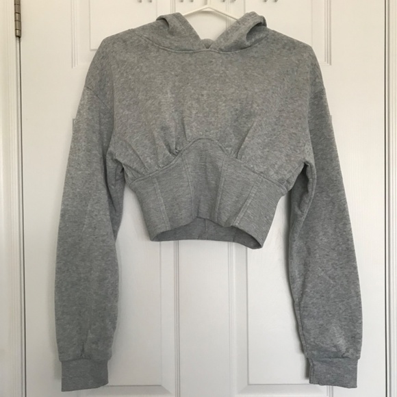 New Look Long Sleeve Short Cropped Pullover Hoodie M Light Grey Sweater Top - Picture 2 of 11